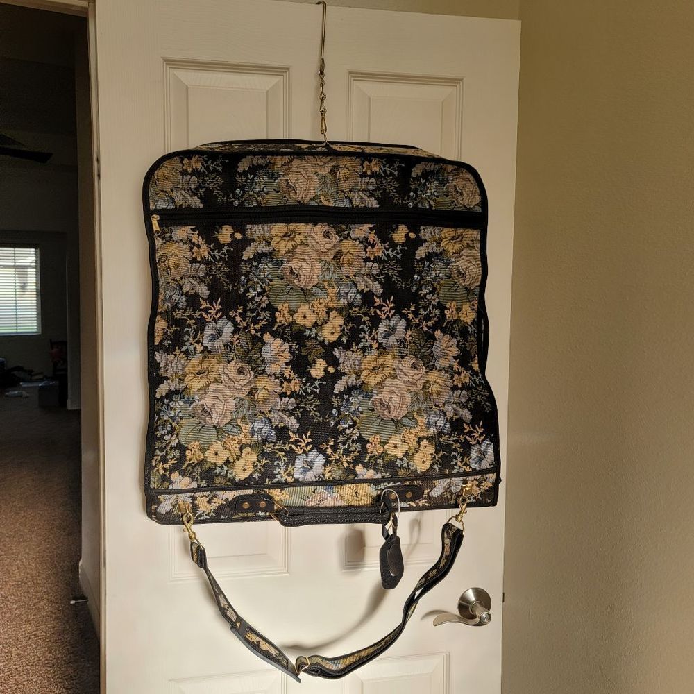 Vintage 90s cabbage rose tapestry fabric suitcase garment bag gold hardware trav